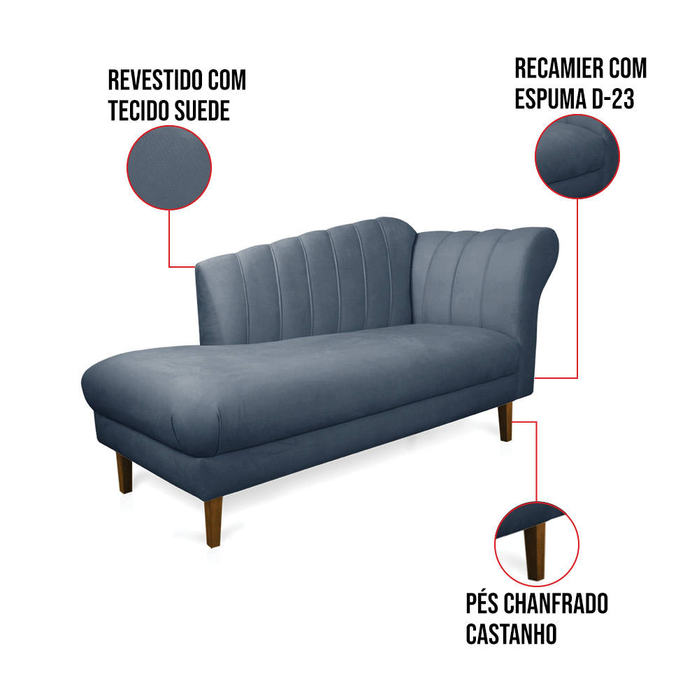 Divã Recife Suede Azul Marinho 165 cm Pés Chanfrado Castanho - D'Rossi
