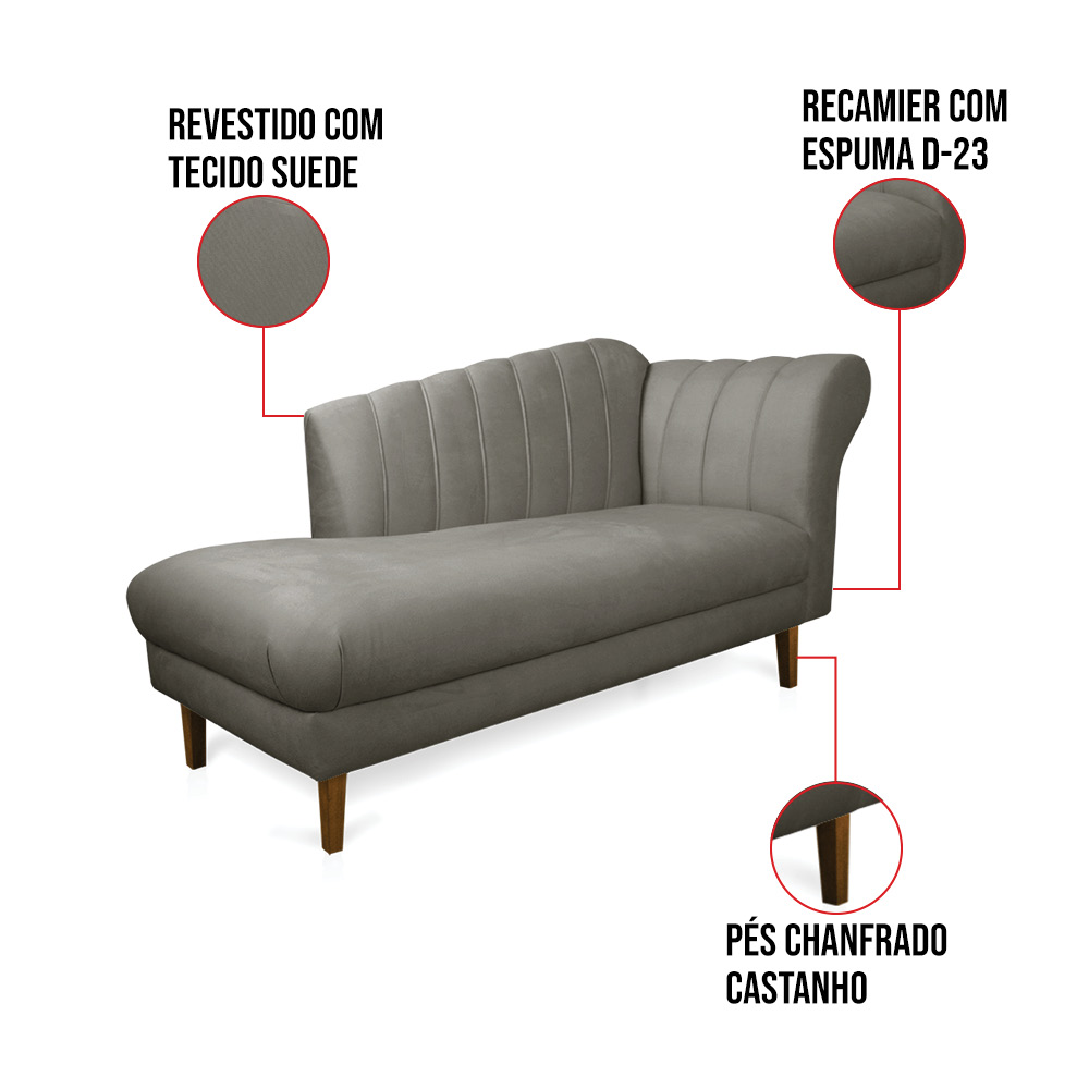 Divã Recife Suede Grafite 165 cm Pés Chanfrado Castanho - D'Rossi