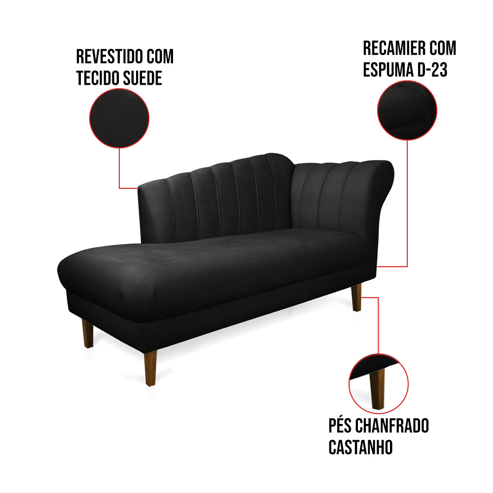 Divã Recife Suede Preto 165 cm Pés Chanfrado Castanho - D'Rossi
