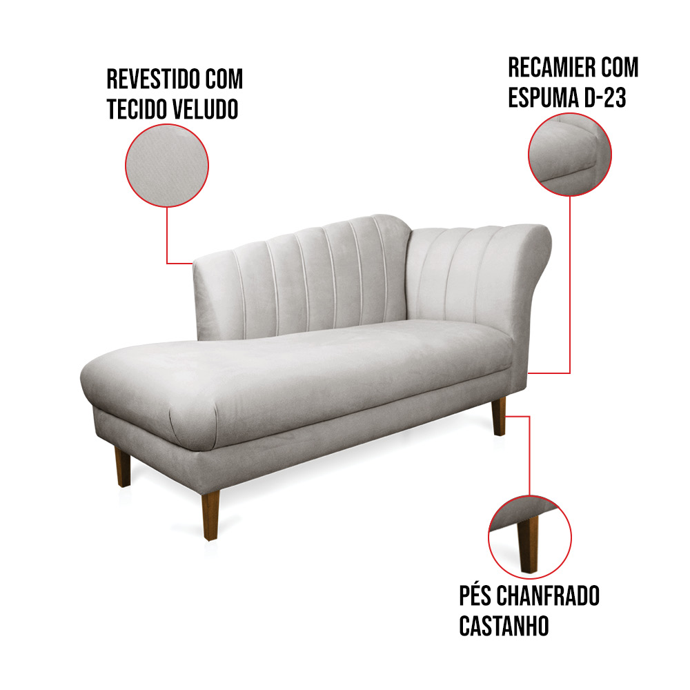 Divã Recife Veludo Cinza 165 cm Pés Chanfrado Castanho - D'Rossi