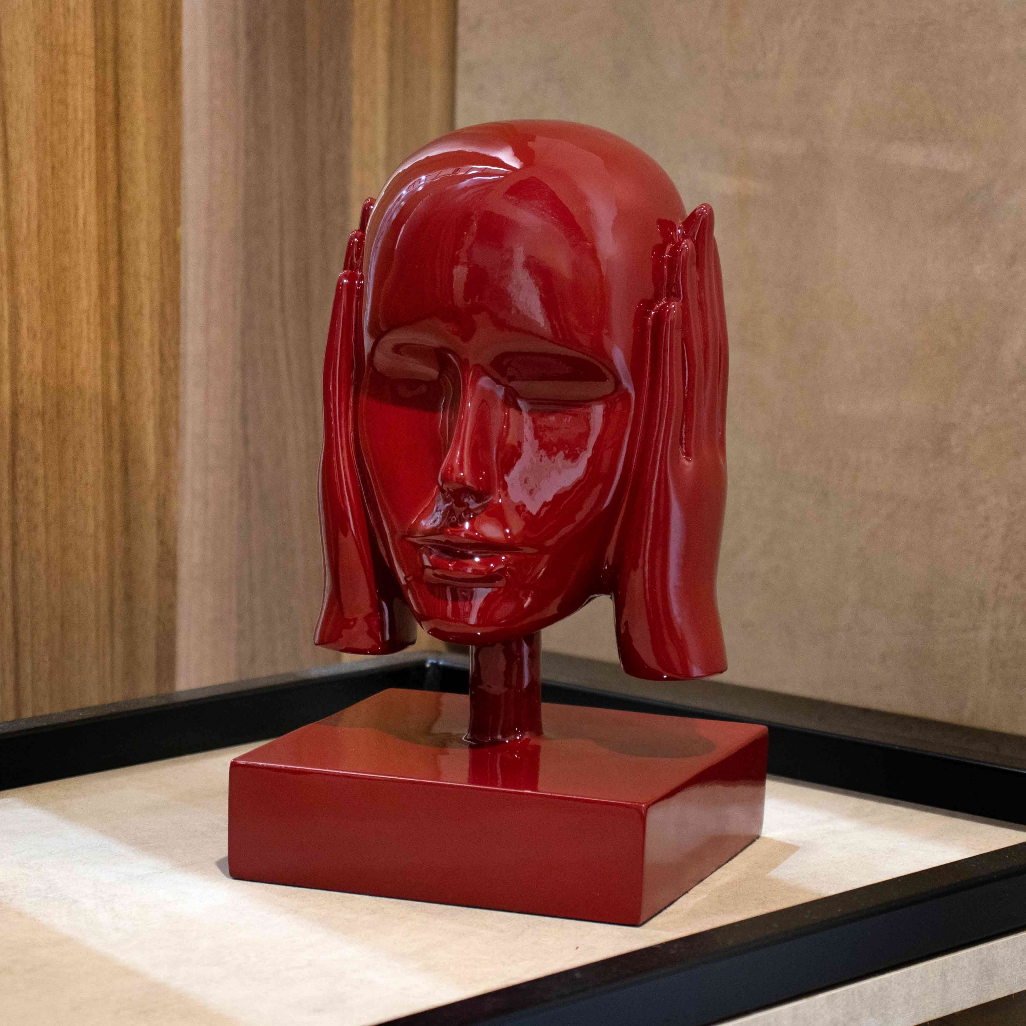 Escultura Decorativa Máscara Surdo em Cerâmica Vermelho Ocre 25x15 cm - D'Rossi
