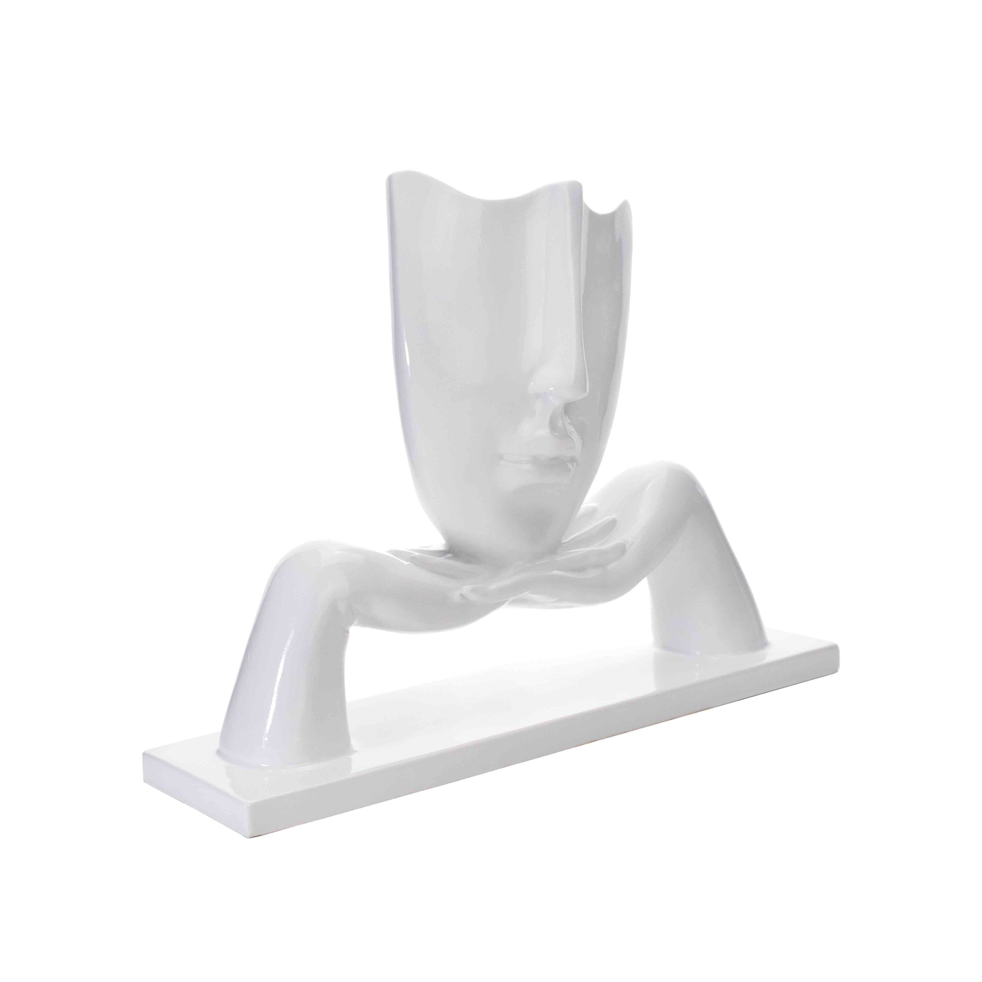 Escultura Decorativa Máscara com Base Descanso em Cerâmica Branco 23x30 cm - D'Rossi