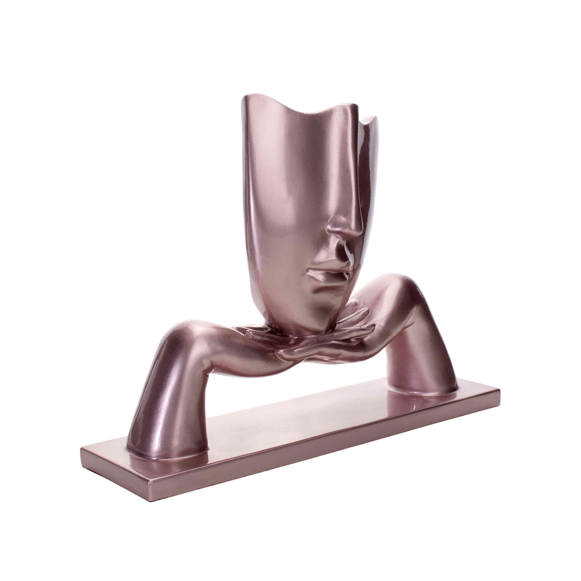 Escultura Decorativa Máscara com Base em Cerâmica Rosa Metal 23x30  cm - D'Rossi