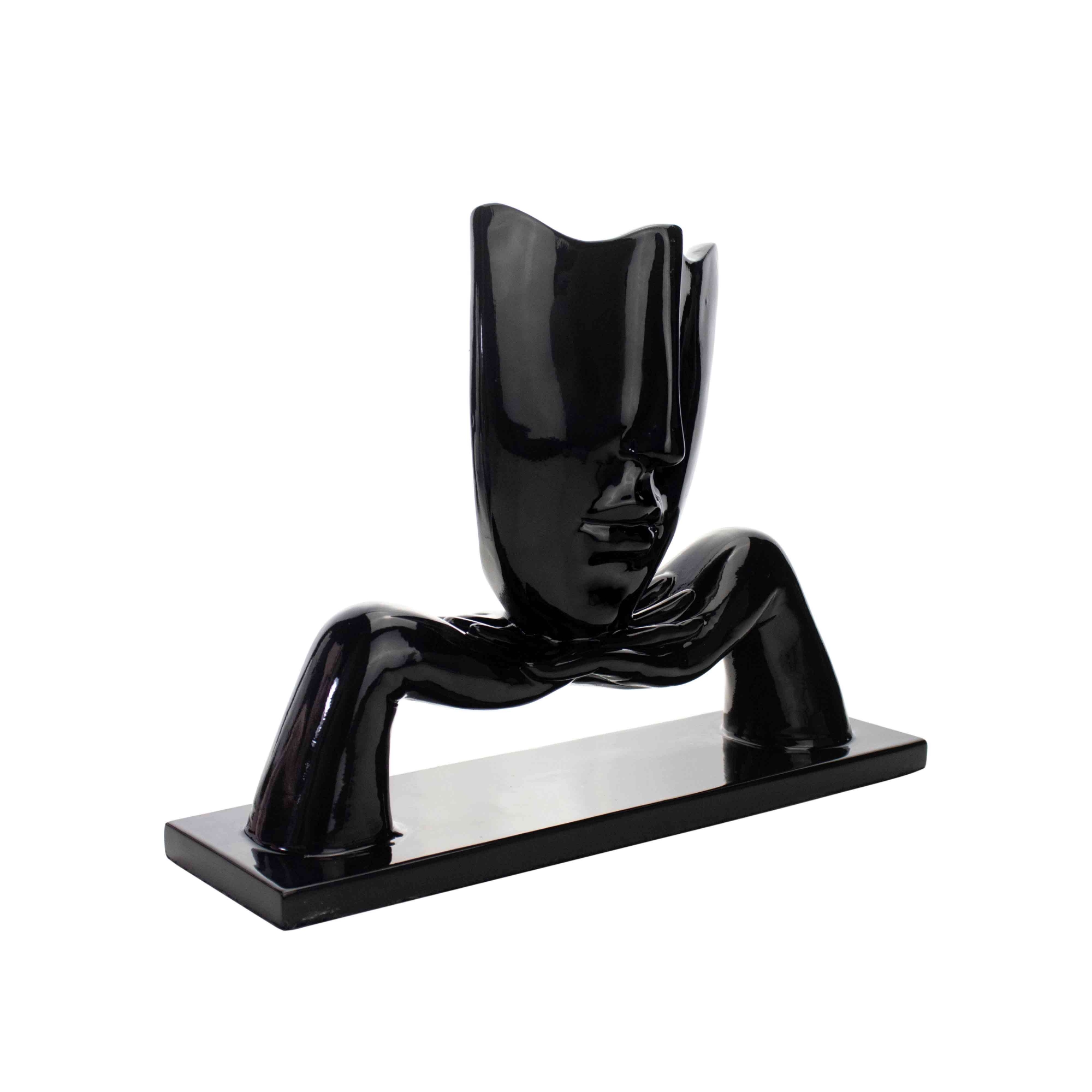 Escultura Máscara com Base Descanso em Cerâmica Preto 23x30 cm - D'Rossi