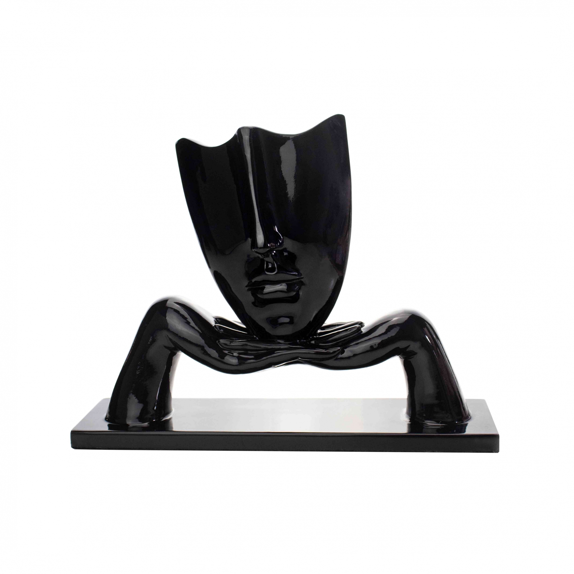 Escultura Máscara com Base Descanso em Cerâmica Preto 23x30 cm - D'Rossi