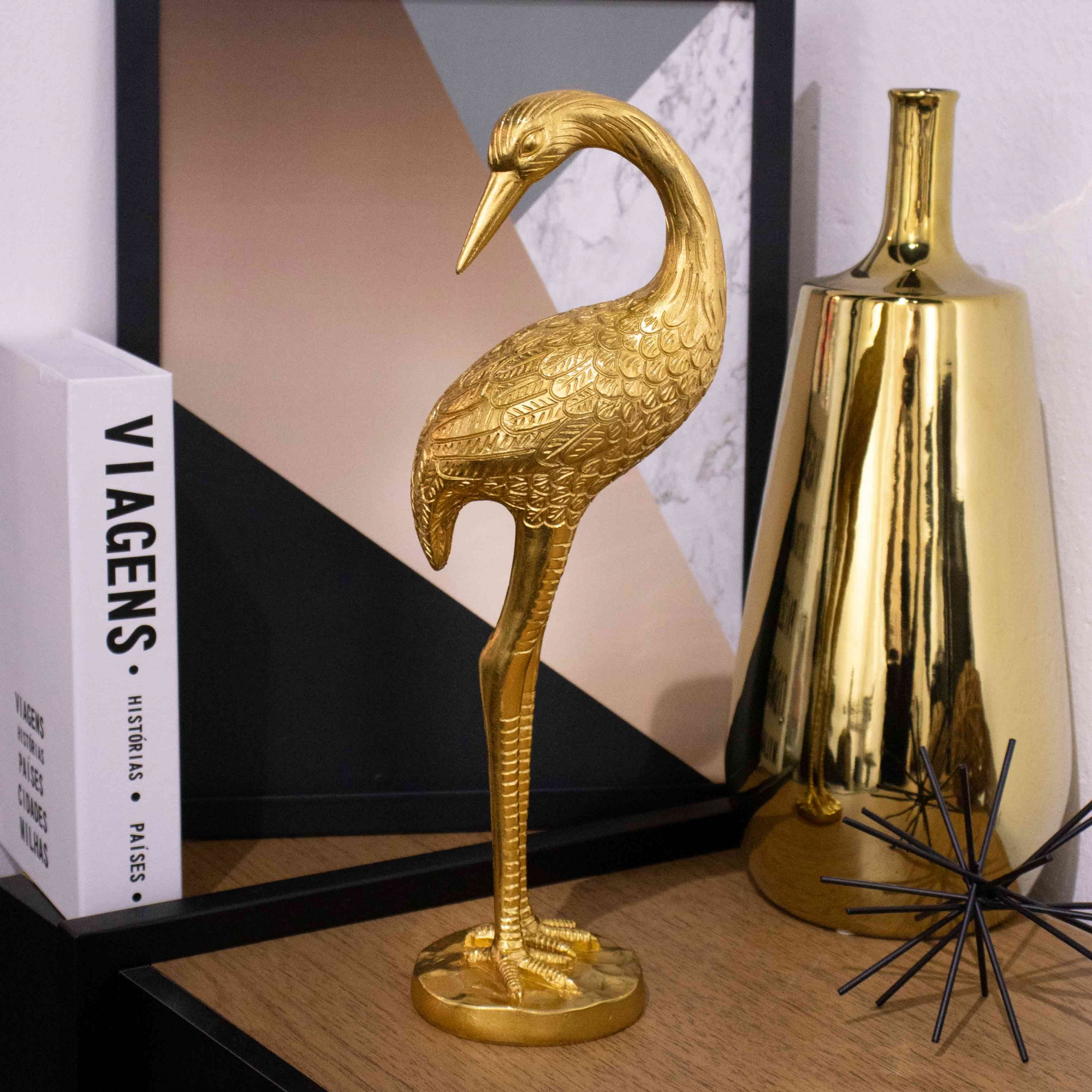 Escultura Pássaro em Poliresina Dourado 40x14 cm - D'Rossi
