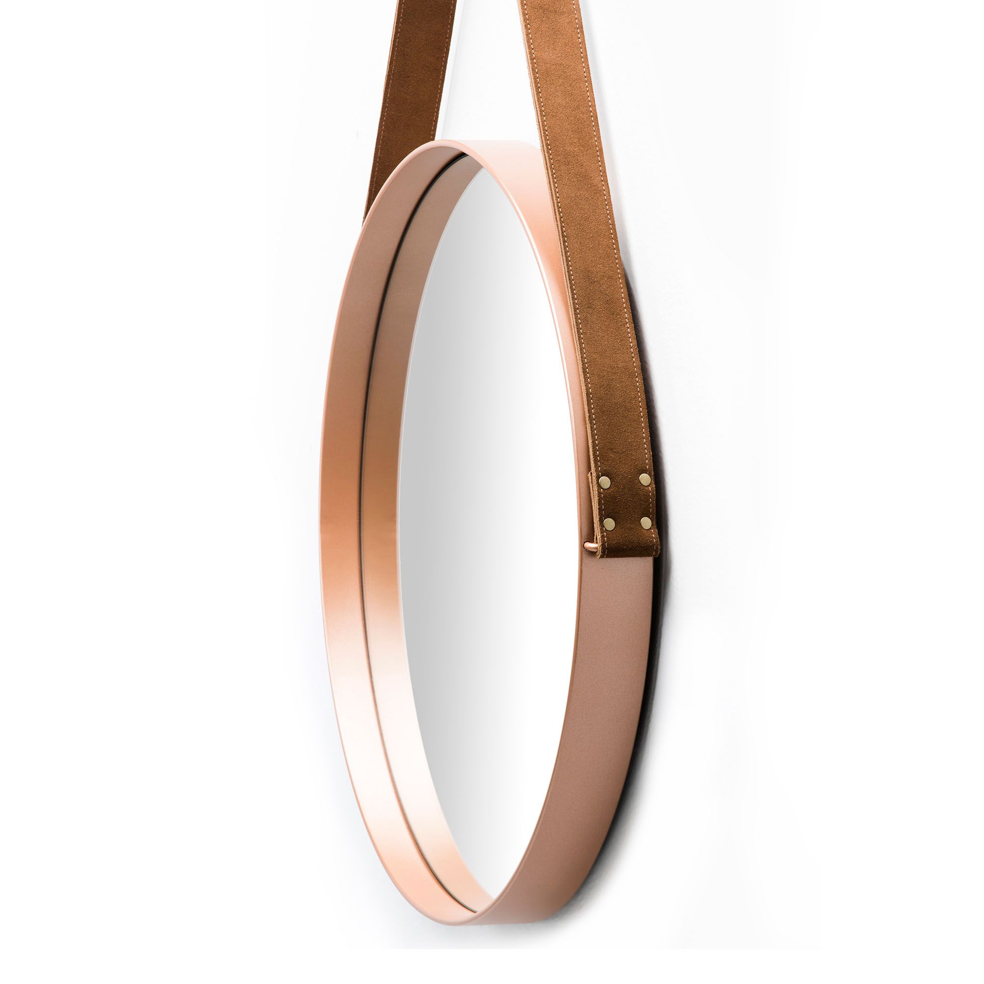 Espelho Redondo 35 cm Decorativo Adnet Cobre Escandinavo com Alça de Couro - D'Rossi