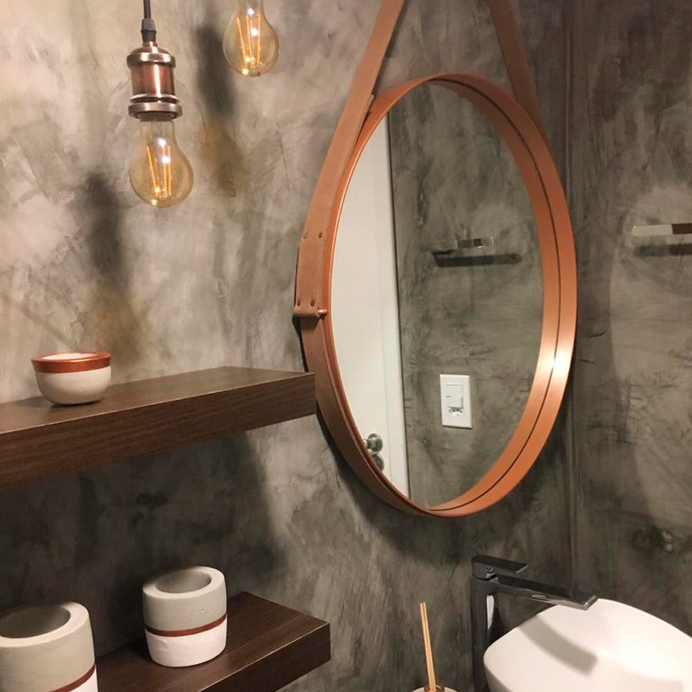 Espelho Redondo 35 cm Decorativo Adnet Cobre Escandinavo com Alça de Couro - D'Rossi