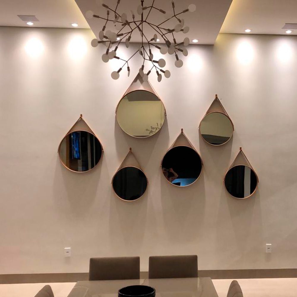 Espelho Redondo 35 cm Decorativo Adnet Cobre Escandinavo com Alça de Couro - D'Rossi