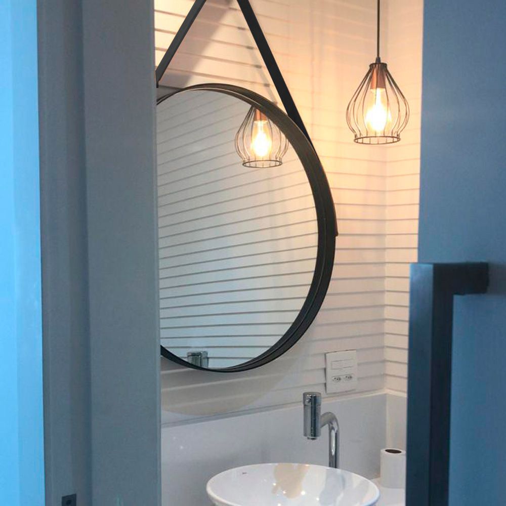 Espelho Redondo 35 cm Decorativo Adnet Preto Escandinavo com Alça de Couro  - D'Rossi