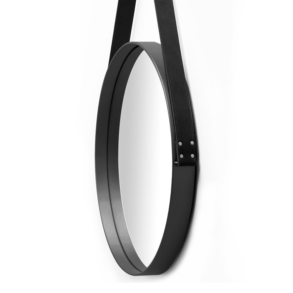 Espelho Redondo 50 cm Decorativo Adnet Preto Escandinavo com Alça de Couro - D'Rossi