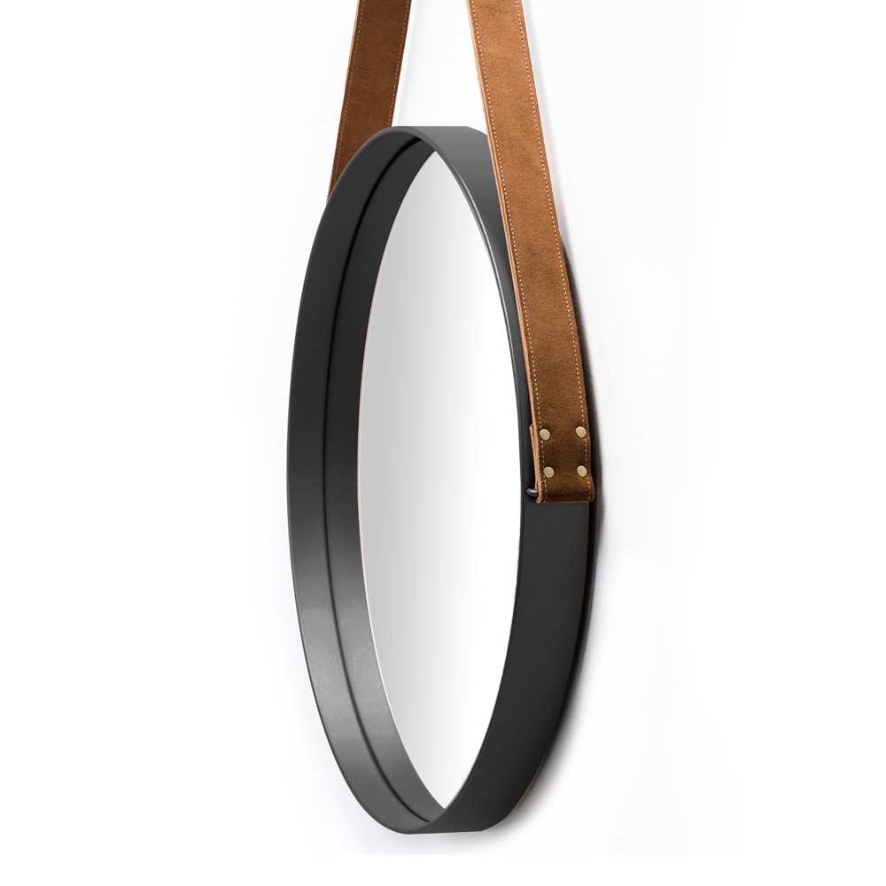 Espelho Redondo Decorativo Adnet Preto Escandinavo com Alça de Couro Caramelo 35 cm - D'Rossi
