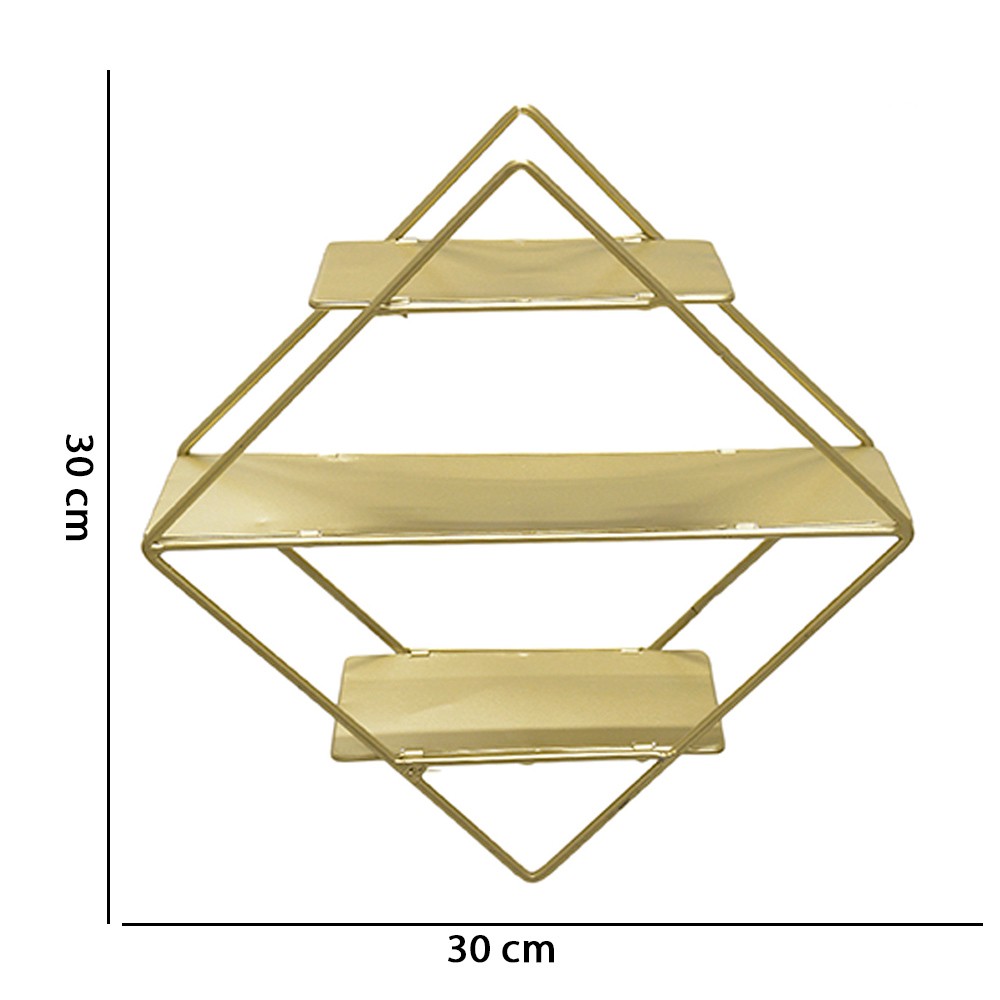 Estante Decorativa Geométrica Metálica com Suportes de Madeira Dourado 30X30X10 cm D'Rossi