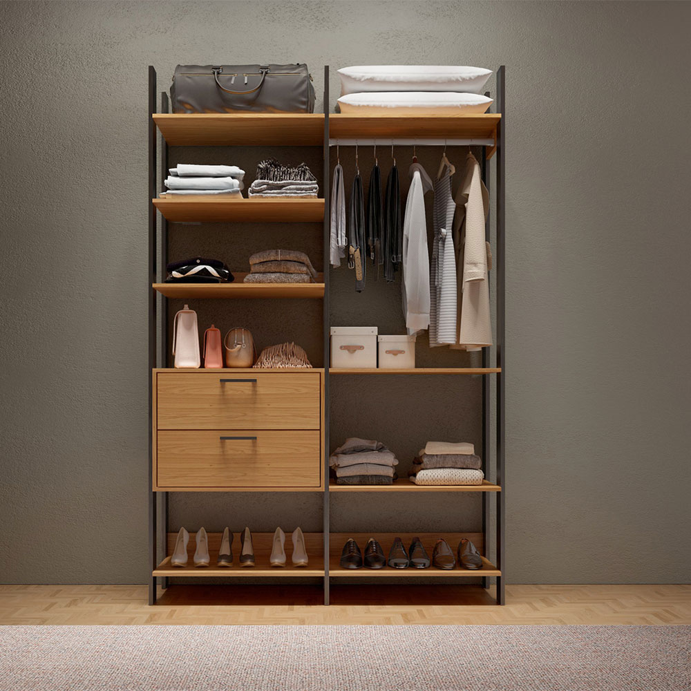 Guarda Roupa Closet Modulado 02 Torres Gaveteiro e Cabideiro Freijó com Preto Fosco Industrial - D'Rossi