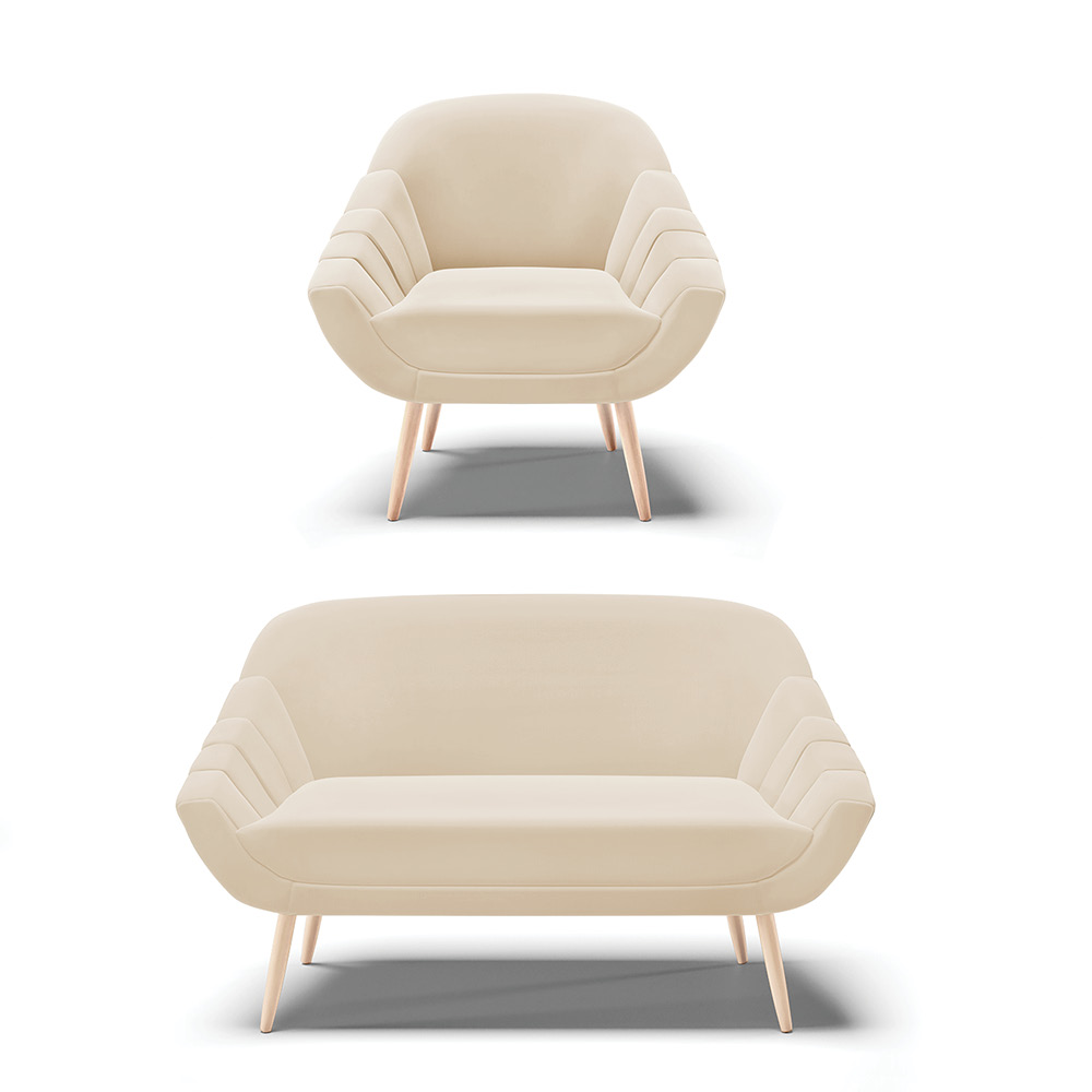 Kit 01 Namoradeira 02 Lugares e 01 Poltrona Giovana Suede Bege Pés Palito Natural - D'Rossi