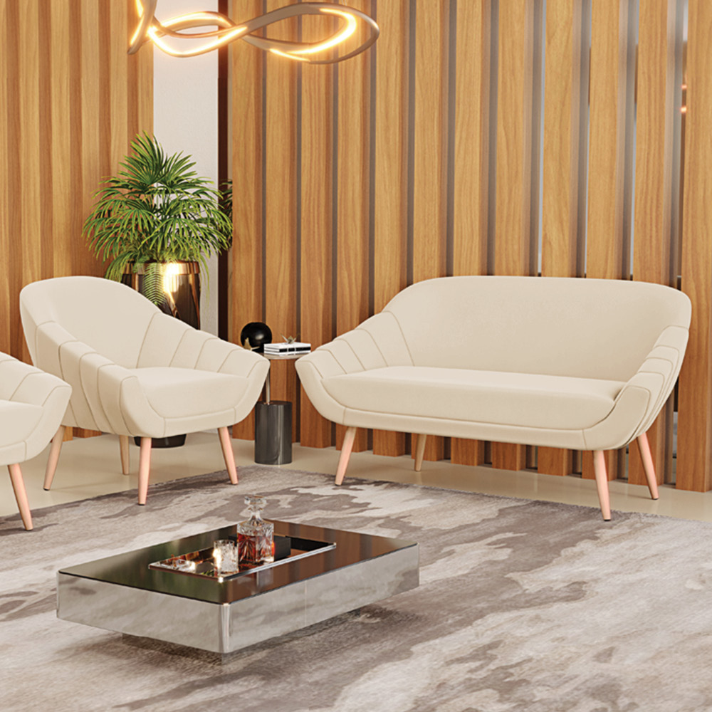 Kit 01 Namoradeira 02 Lugares e 01 Poltrona Giovana Suede Bege Pés Palito Natural - D'Rossi