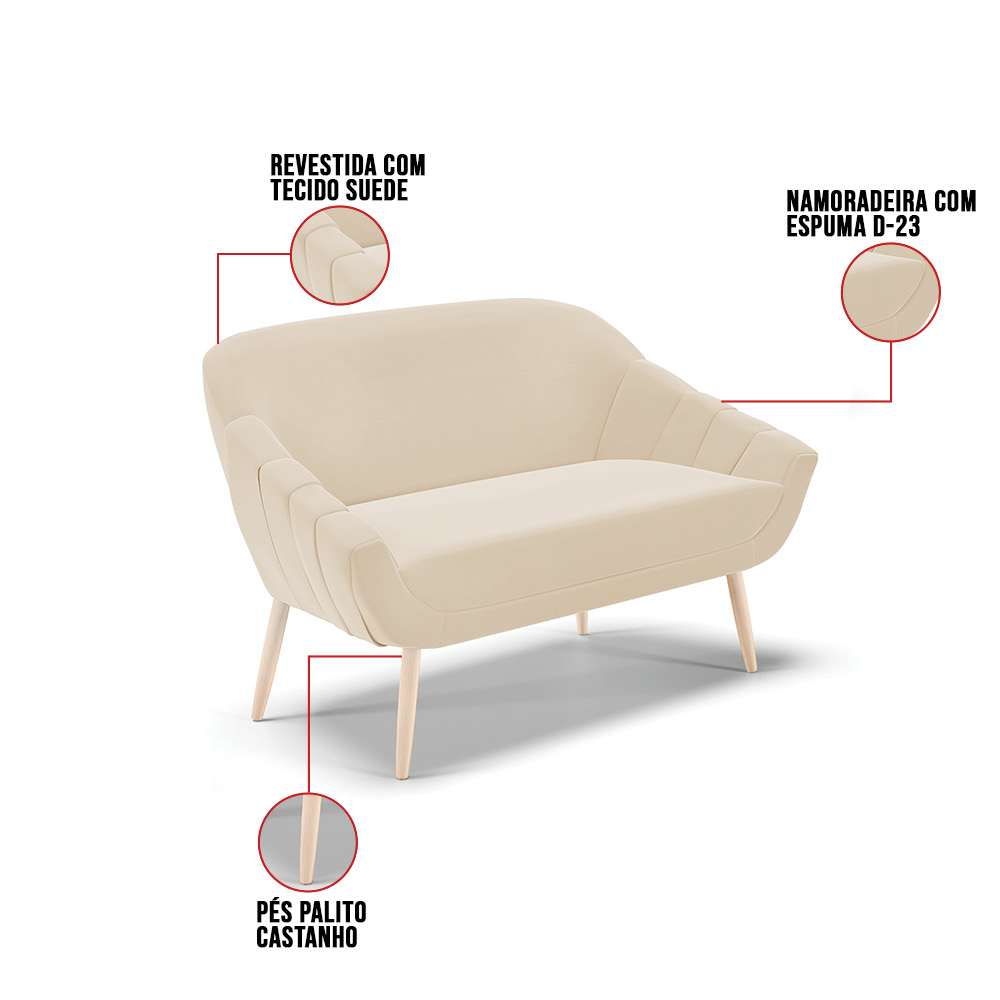 Kit 01 Namoradeira 02 Lugares e 01 Poltrona Giovana Suede Bege Pés Palito Natural - D'Rossi