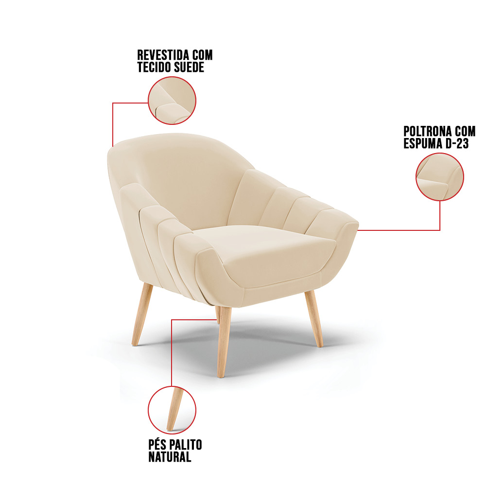 Kit 01 Namoradeira 02 Lugares e 01 Poltrona Giovana Suede Bege Pés Palito Natural - D'Rossi