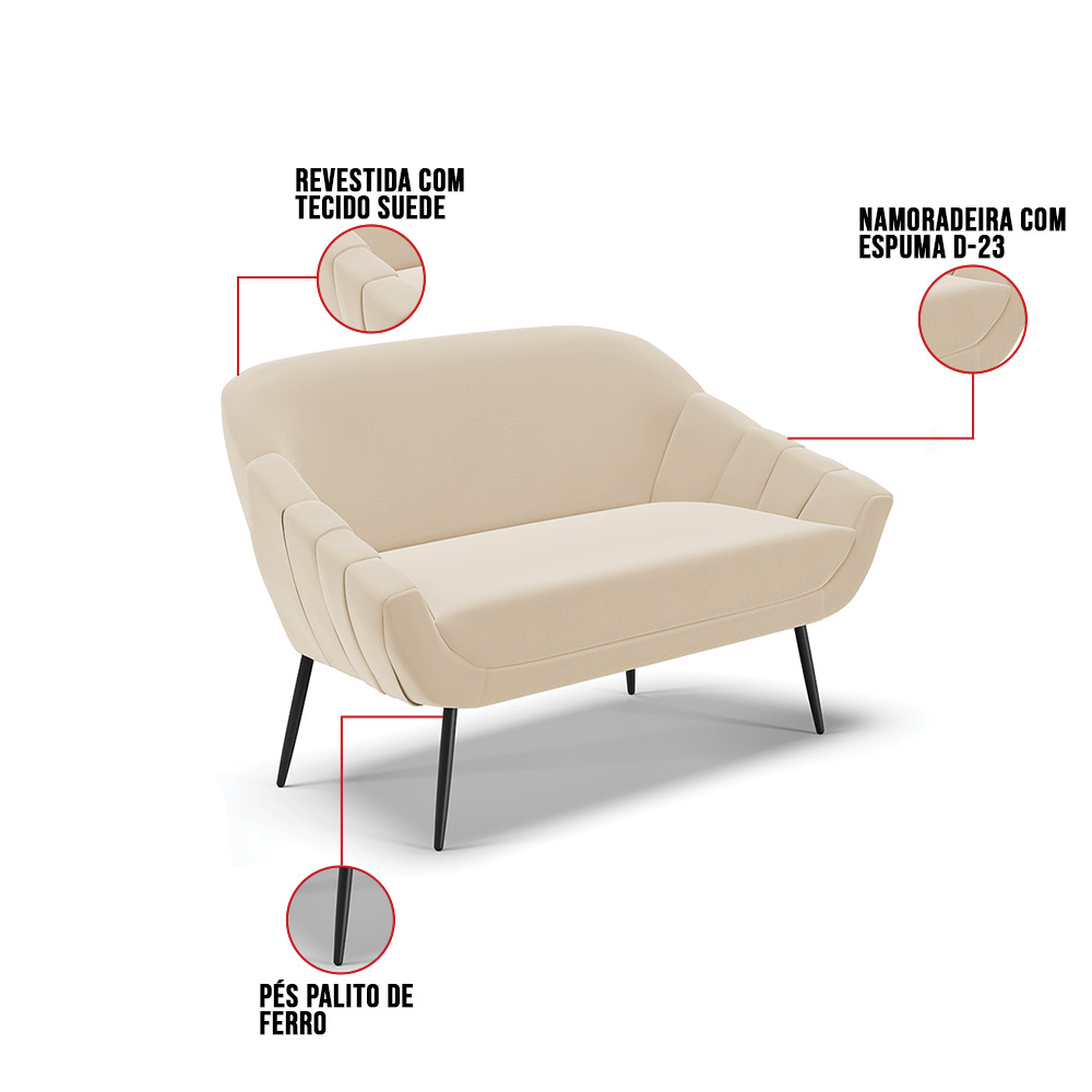 Kit 01 Namoradeira 02 Lugares e 01 Poltrona Giovana Suede Bege Pés Palito de Ferro - D'Rossi