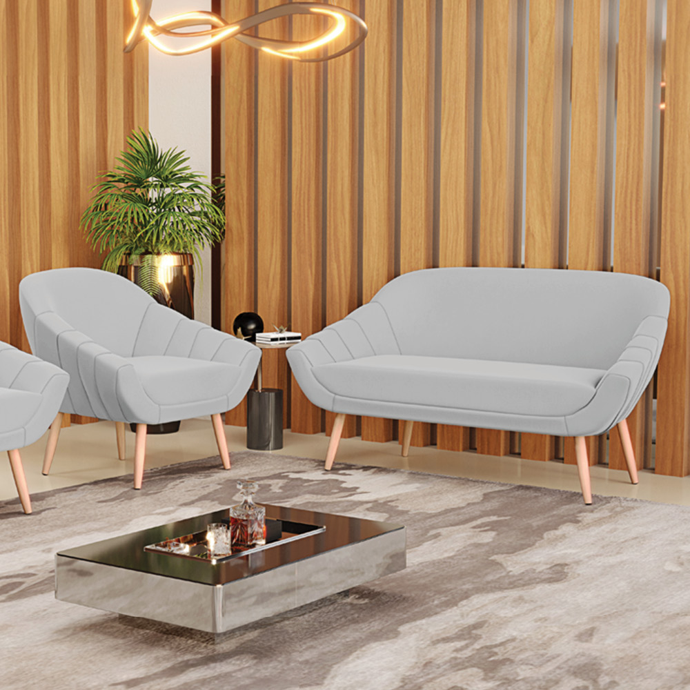 Kit 01 Namoradeira 02 Lugares e 01 Poltrona Giovana Suede Cinza Pés Palito Natural - D'Rossi