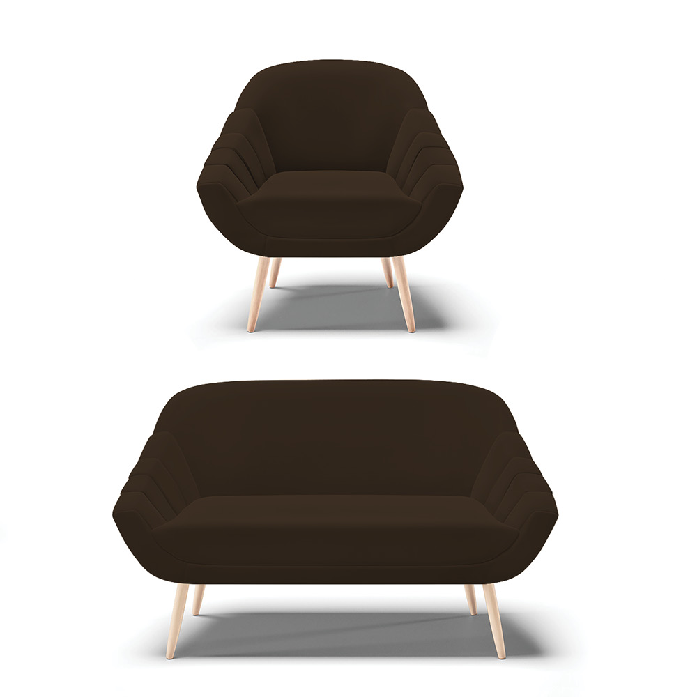 Kit 01 Namoradeira 02 Lugares e 01 Poltrona Giovana Suede Marrom Pés Palito Natural - D'Rossi