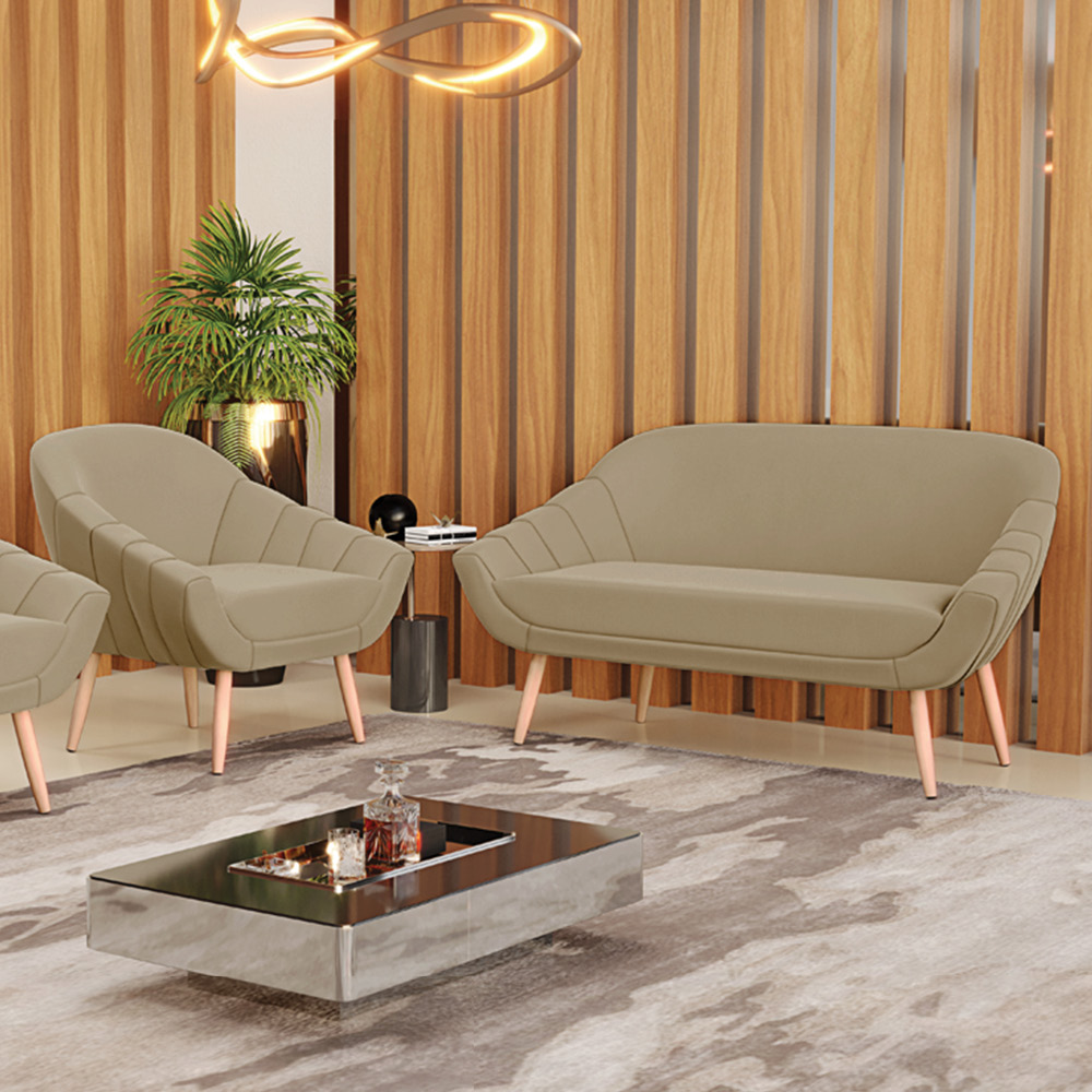 Kit 01 Namoradeira 02 Lugares e 01 Poltrona Giovana Suede Marrom Rato Pés Palito Natural - D'Rossi