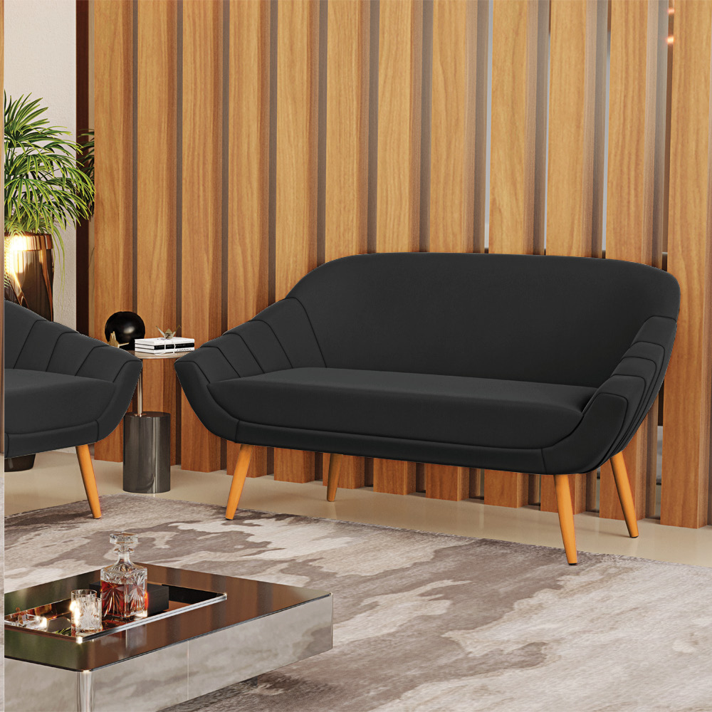 Kit 01 Namoradeira 02 Lugares e 01 Poltrona Giovana Suede Preto Pés Palito Castanho - D'Rossi