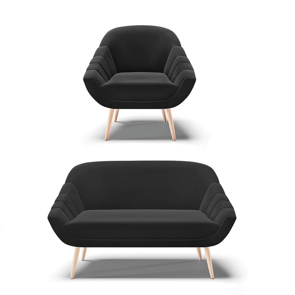 Kit 01 Namoradeira 02 Lugares e 01 Poltrona Giovana Suede Preto Pés Palito Natural - D'Rossi
