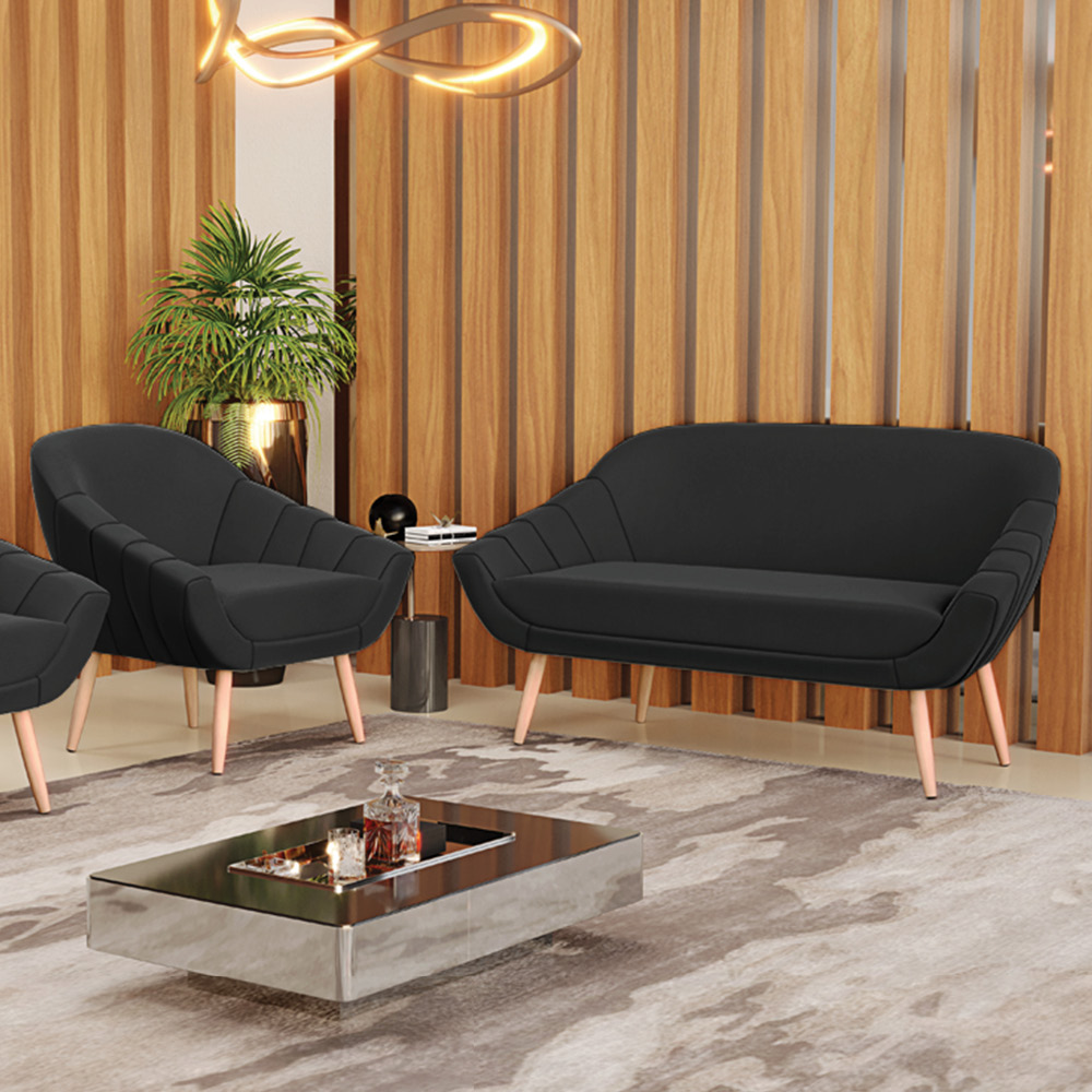 Kit 01 Namoradeira 02 Lugares e 01 Poltrona Giovana Suede Preto Pés Palito Natural - D'Rossi