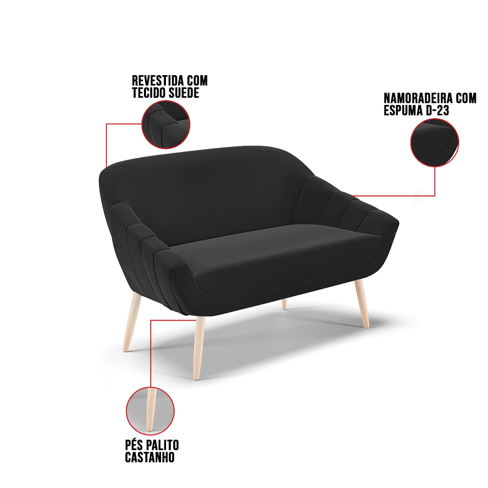 Kit 01 Namoradeira 02 Lugares e 01 Poltrona Giovana Suede Preto Pés Palito Natural - D'Rossi