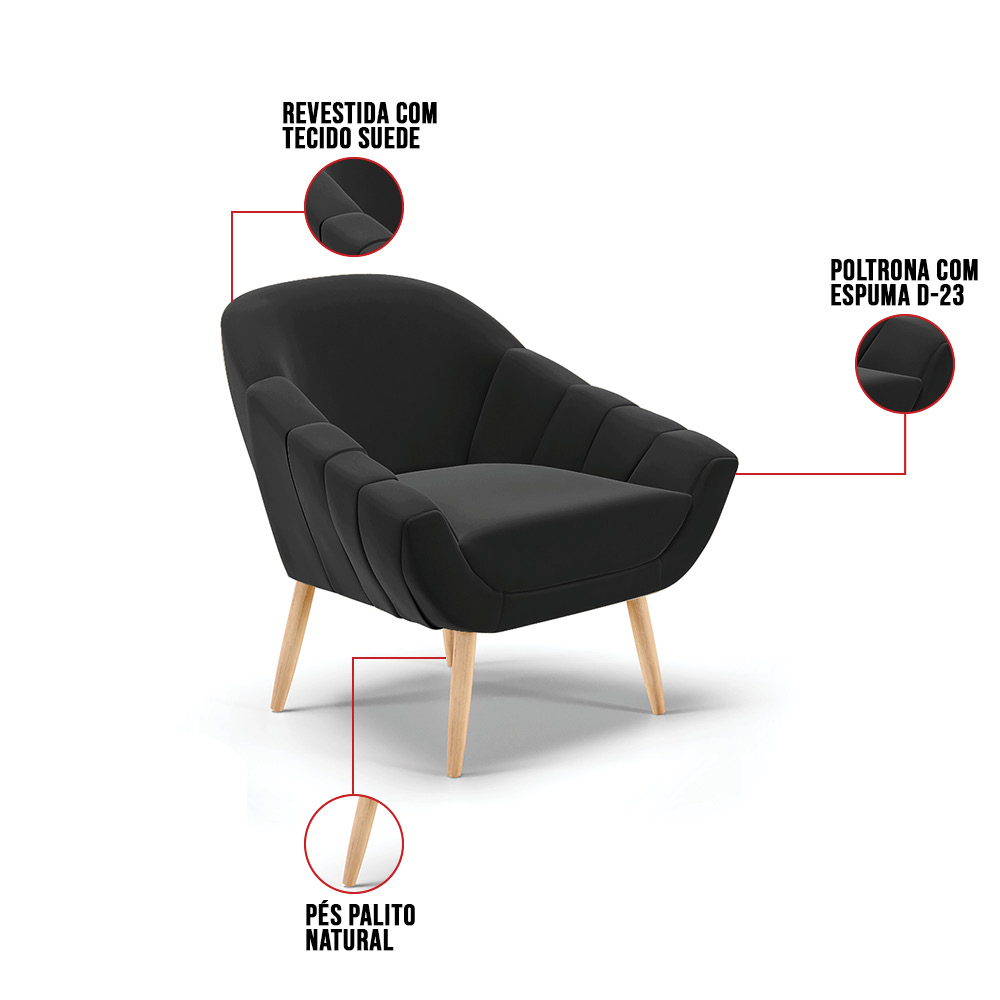 Kit 01 Namoradeira 02 Lugares e 01 Poltrona Giovana Suede Preto Pés Palito Natural - D'Rossi