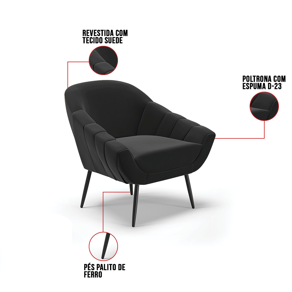 Kit 01 Namoradeira 02 Lugares e 01 Poltrona Giovana Suede Preto Pés Palito de Ferro - D'Rossi