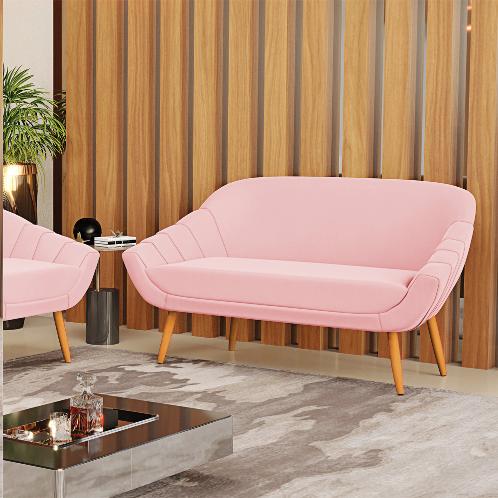 Kit 01 Namoradeira 02 Lugares e 01 Poltrona Giovana Suede Rosa Bebê Pés Palito Castanho - D'Rossi