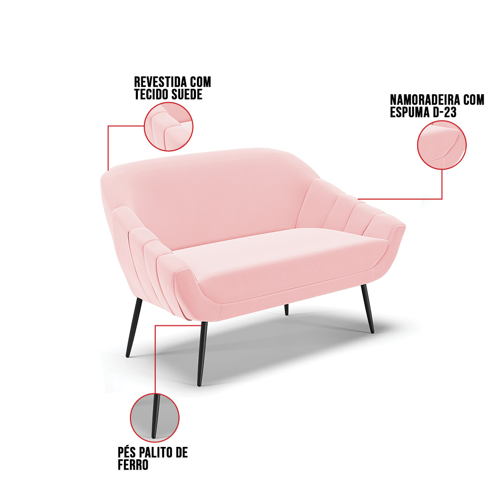 Kit 01 Namoradeira 02 Lugares e 01 Poltrona Giovana Suede Rosa Bebê Pés Palito de Ferro - D'Rossi