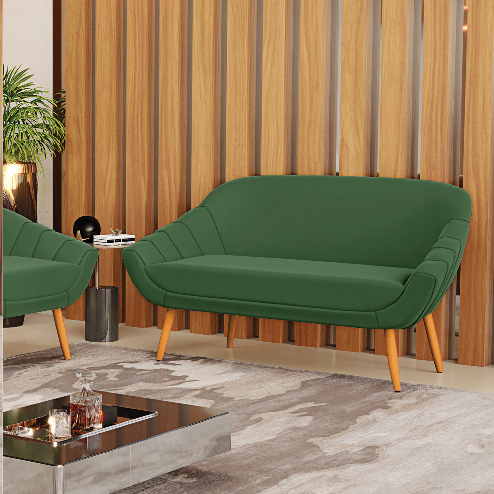 Kit 01 Namoradeira 02 Lugares e 01 Poltrona Giovana Suede Verde Pés Palito Castanho - D'Rossi
