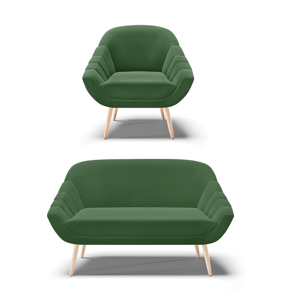 Kit 01 Namoradeira 02 Lugares e 01 Poltrona Giovana Suede Verde Pés Palito Natural - D'Rossi