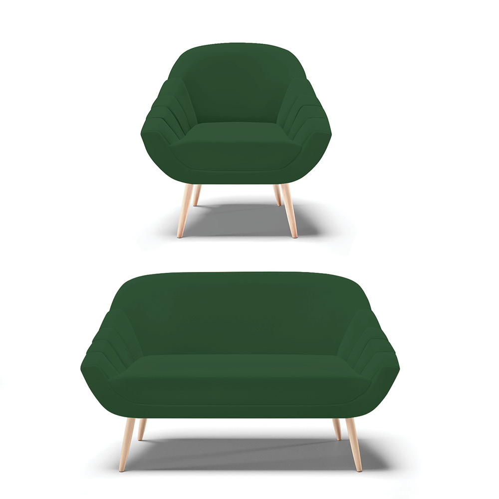 Kit 01 Namoradeira 02 Lugares e 01 Poltrona Giovana Veludo Verde Pés Palito Natural - D'Rossi
