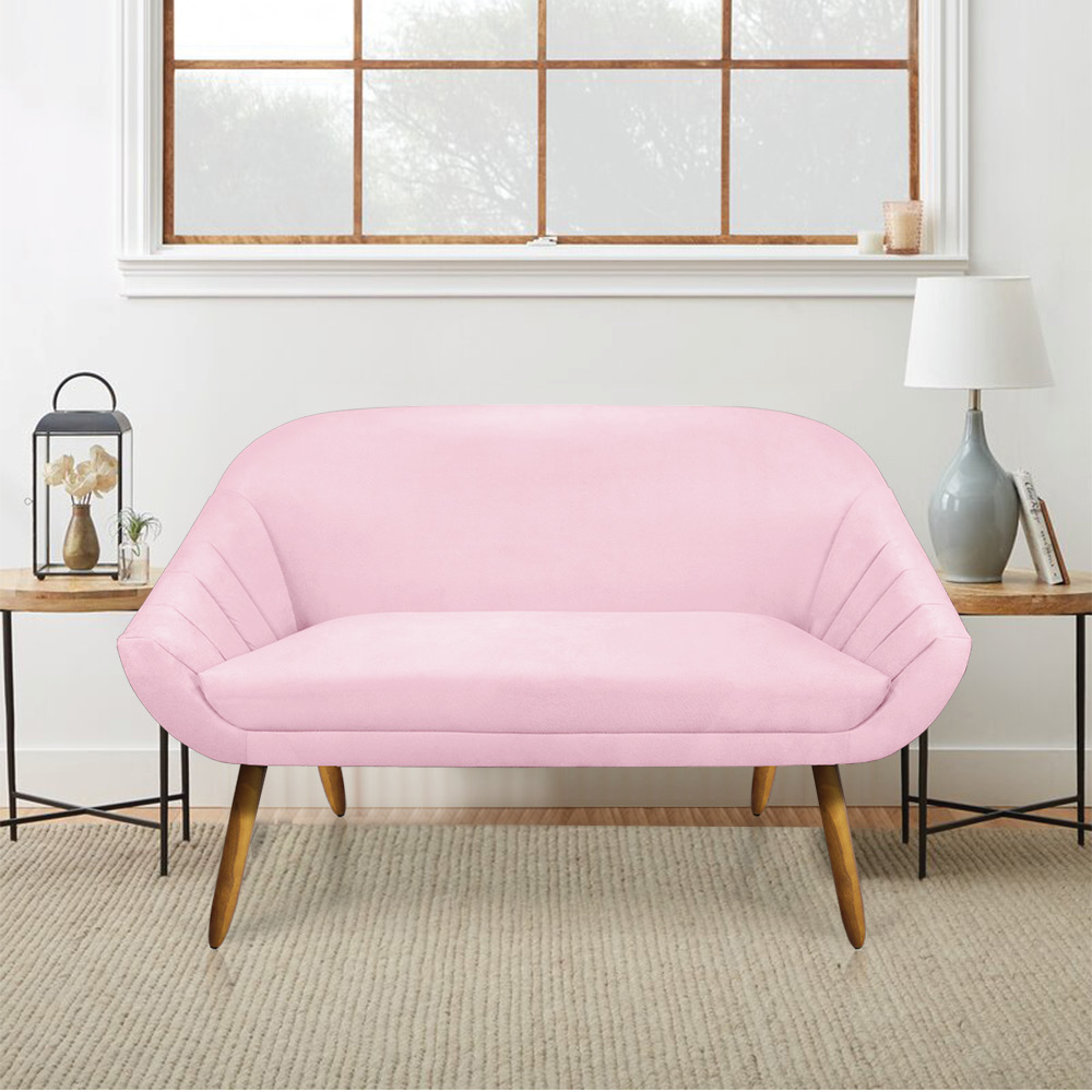 Kit 01 Namoradeira 02 Lugares e 01 Poltrona Giratória Giovana Suede Rosa Bebê Base Madeira MM30 - D'Rossi