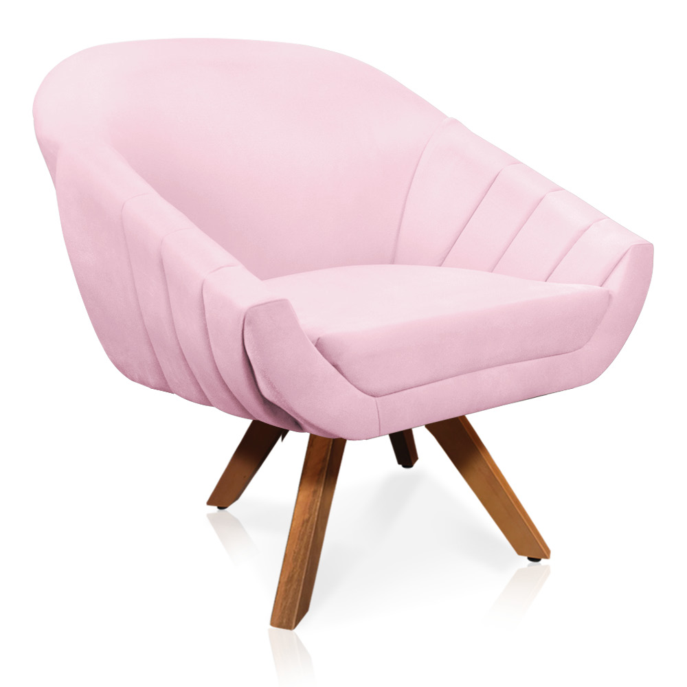 Kit 01 Namoradeira 02 Lugares e 01 Poltrona Giratória Giovana Suede Rosa Bebê Base Madeira MM30 - D'Rossi