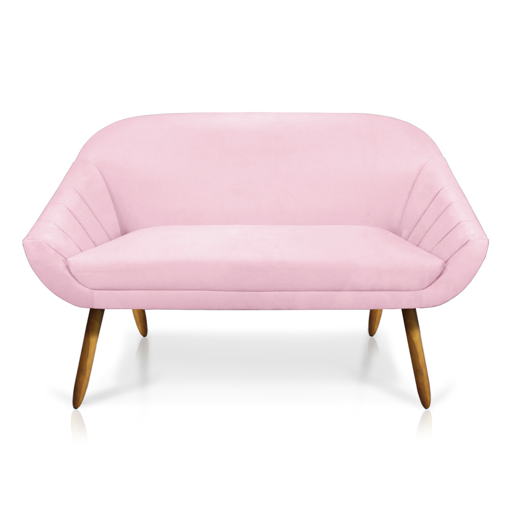 Kit 01 Namoradeira 02 Lugares e 01 Poltrona Giratória Giovana Suede Rosa Bebê Base Madeira MM30 - D'Rossi