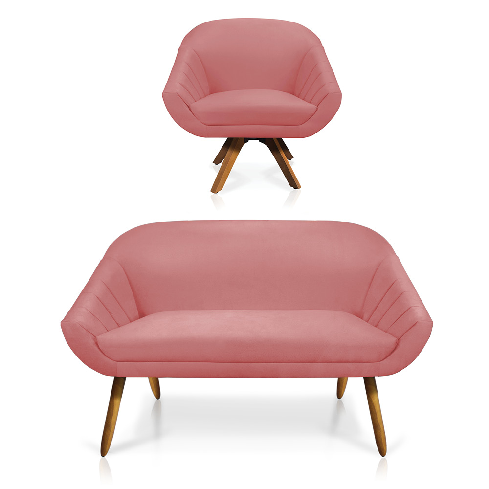 Kit 01 Namoradeira 02 Lugares e 01 Poltrona Giratória Giovana Suede Rose Base Madeira MM30 - D'Rossi