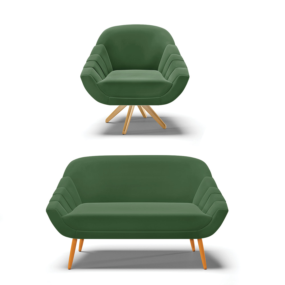 Kit 01 Namoradeira 02 Lugares e 01 Poltrona Giratória Giovana Suede Verde Base Madeira MA30 - D'Rossi