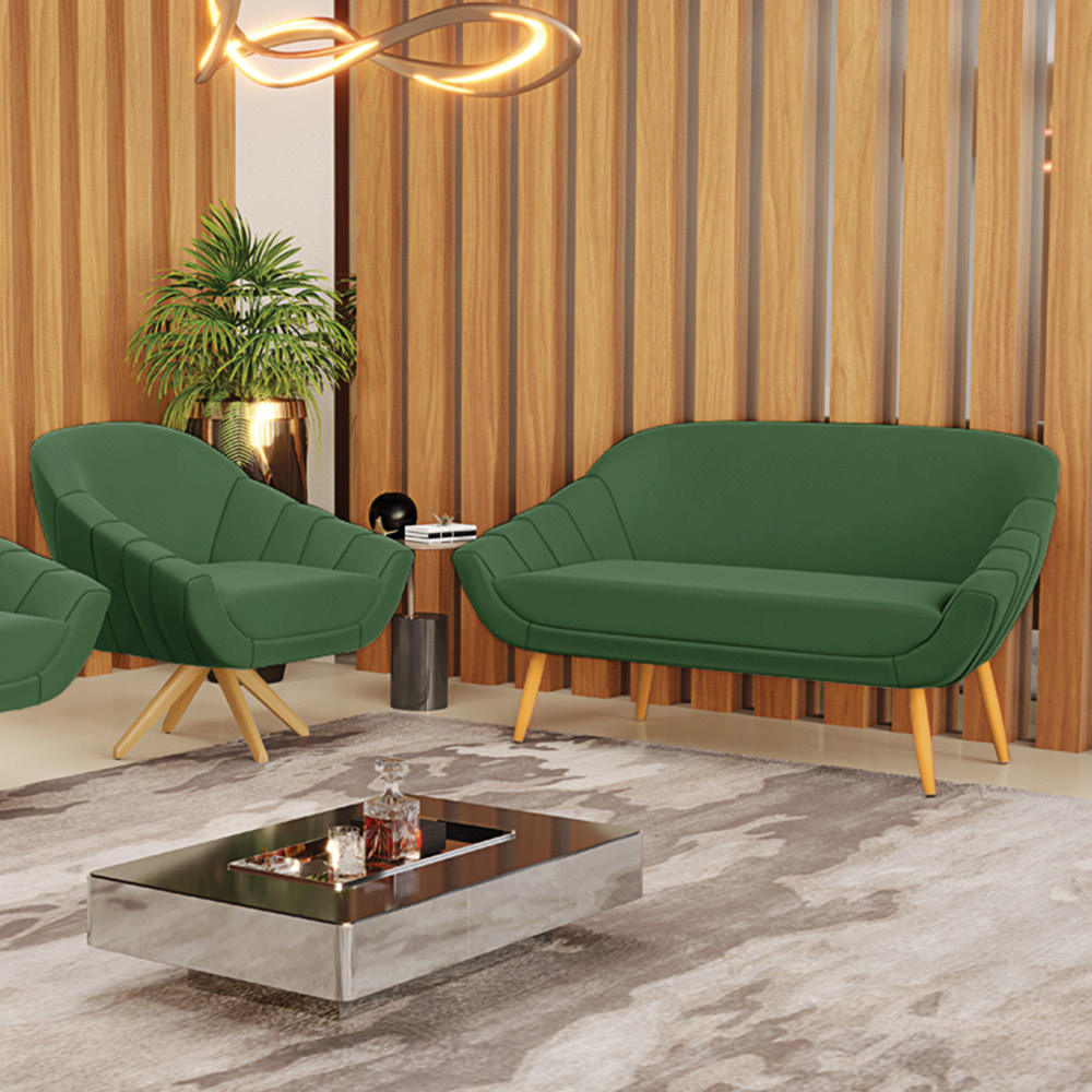 Kit 01 Namoradeira 02 Lugares e 01 Poltrona Giratória Giovana Suede Verde Base Madeira MA30 - D'Rossi