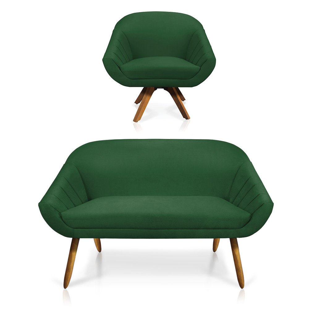 Kit 01 Namoradeira 02 Lugares e 01 Poltrona Giratória Giovana Suede Verde Base Madeira MM30 - D'Rossi