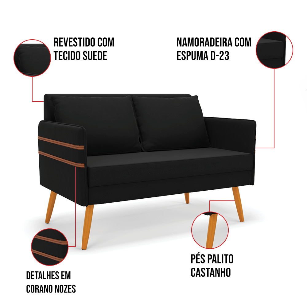 Kit 01 Namoradeira 02 Lugares e 01 Poltrona Mari Suede Preto Base de Madeira MA30 - D'Rossi