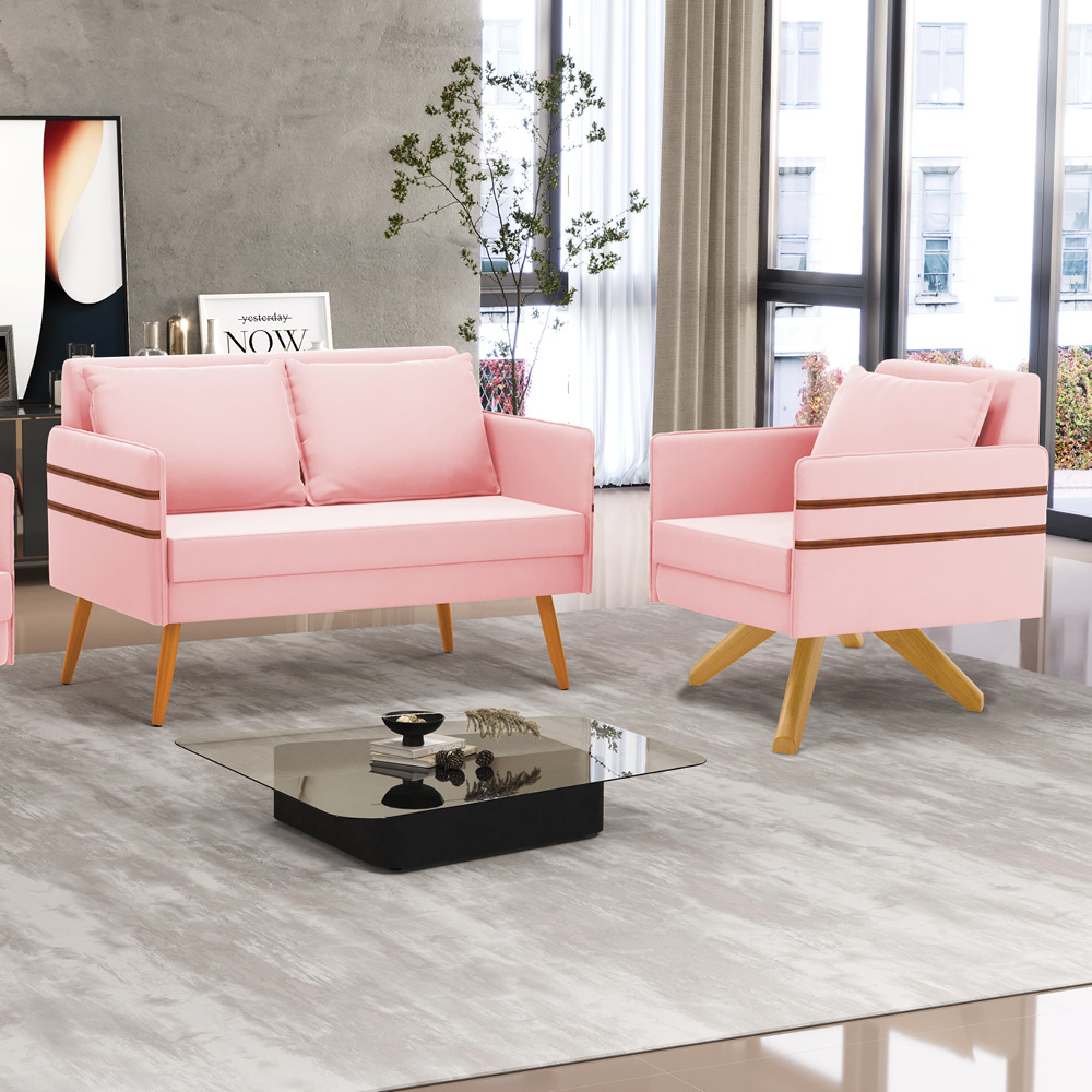 Kit 01 Namoradeira 02 Lugares e 01 Poltrona Mari Suede Rosa Bebê Base de Madeira MA30 - D'Rossi