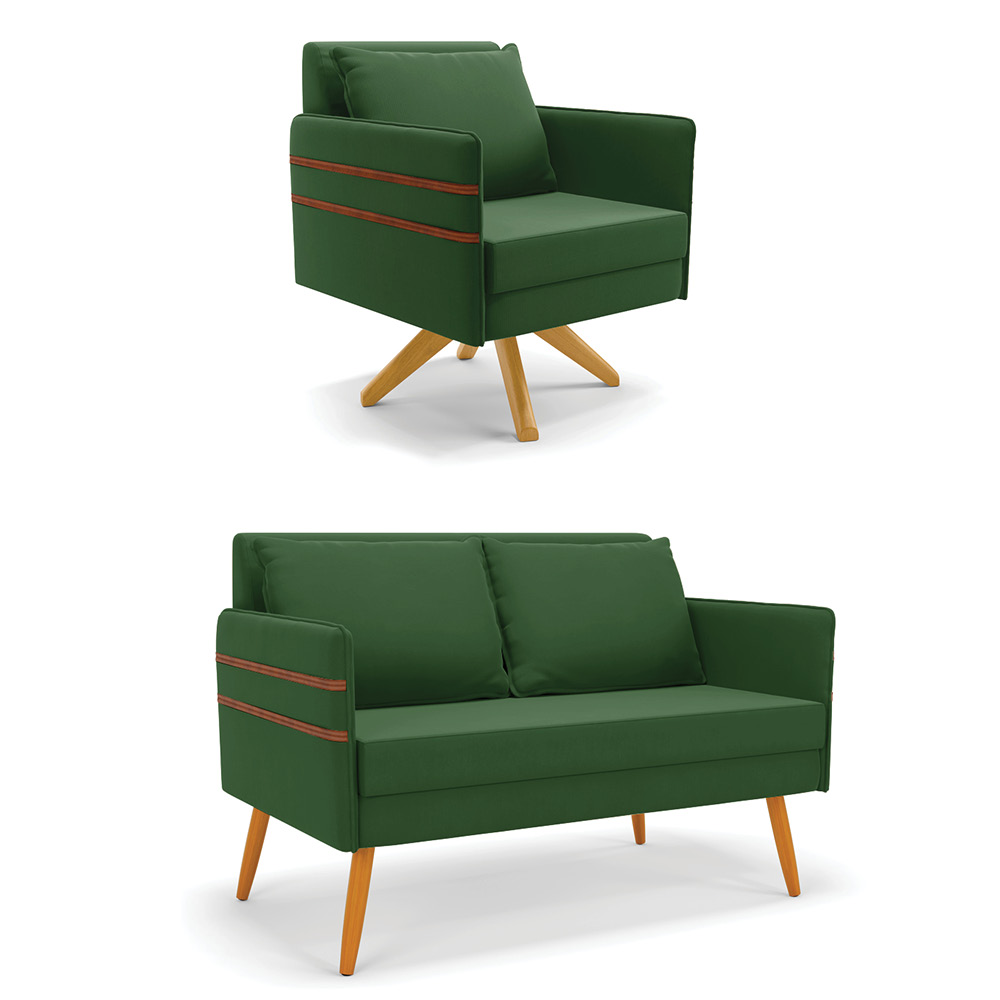 Kit 01 Namoradeira 02 Lugares e 01 Poltrona Mari Suede Verde Base de Madeira MA30 - D'Rossi