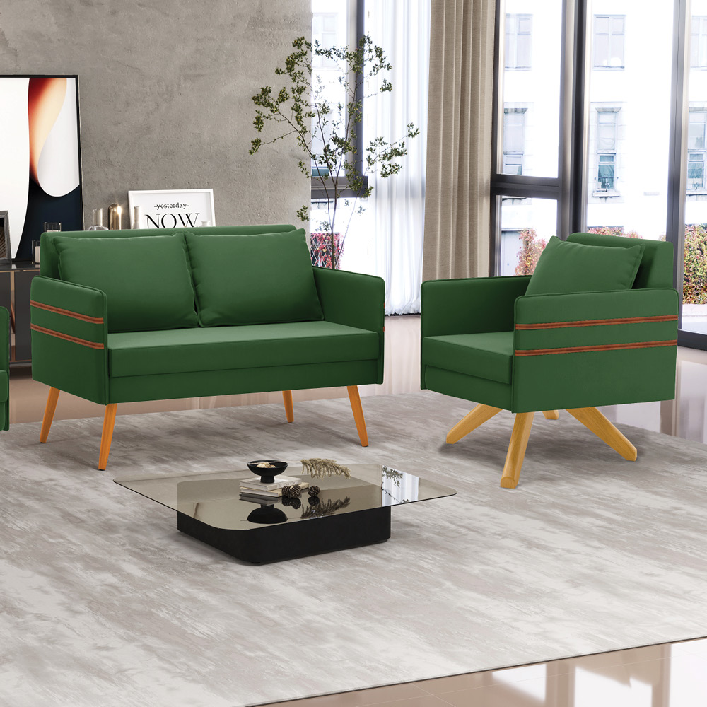 Kit 01 Namoradeira 02 Lugares e 01 Poltrona Mari Suede Verde Base de Madeira MA30 - D'Rossi
