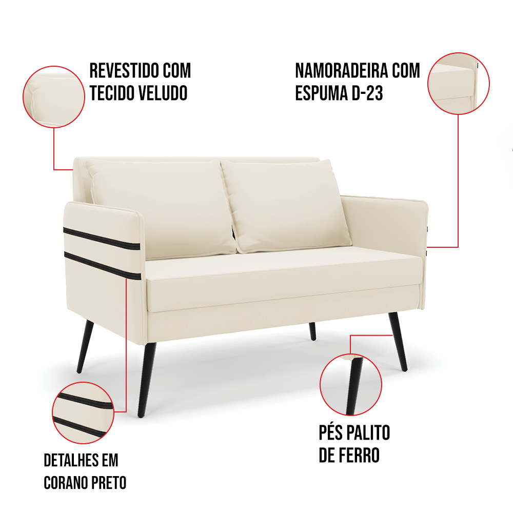 Kit 01 Namoradeira 02 Lugares e 01 Poltrona Mari Veludo Pés Palito de Ferro - D'Rossi