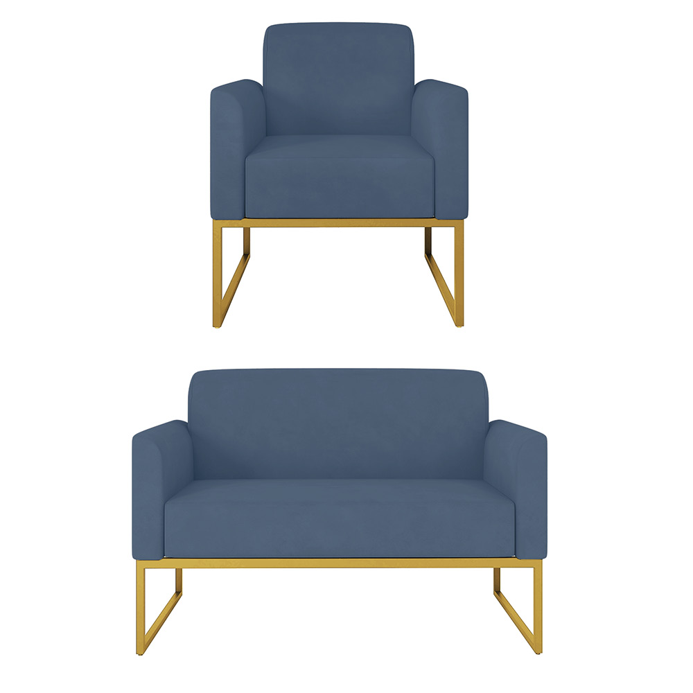 Kit 01 Namoradeira 02 Lugares e 01 Poltrona Marisa Suede Azul Marinho Base Industrial Metálica Dourado D'Rossi